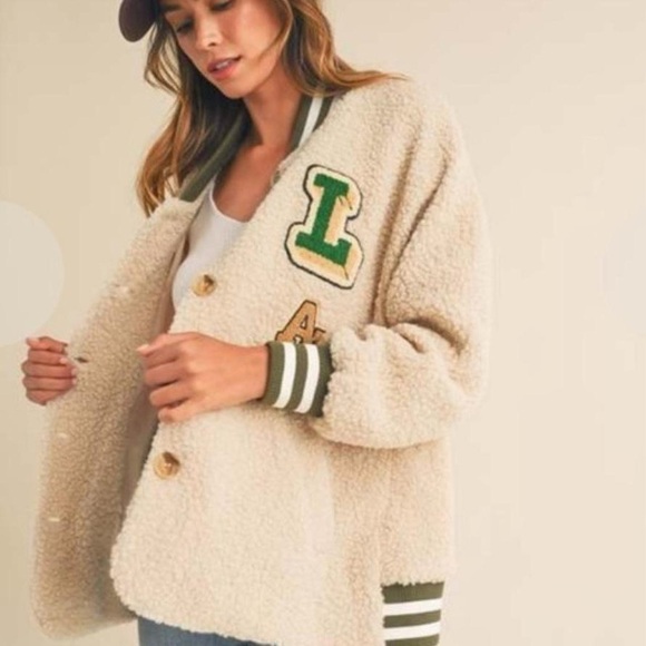 Mable Sherpa Varsity Jacket with Green Trim - Picture 2 of 6